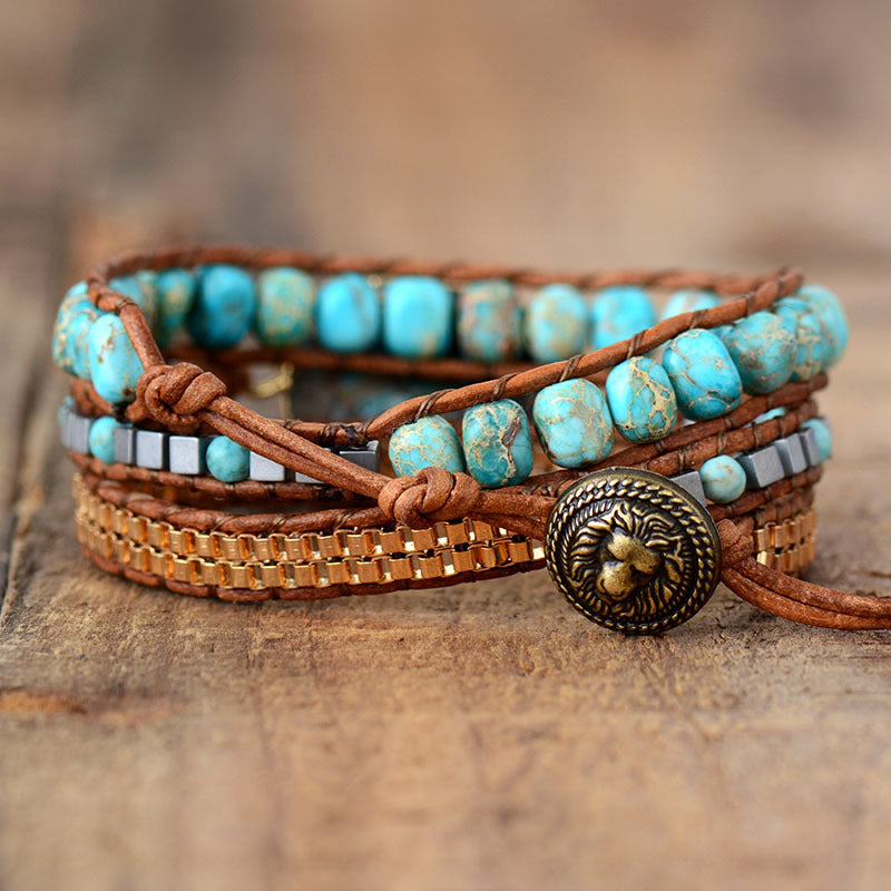 Bracelet bohème en pierre de l’empereur et cuir tressé