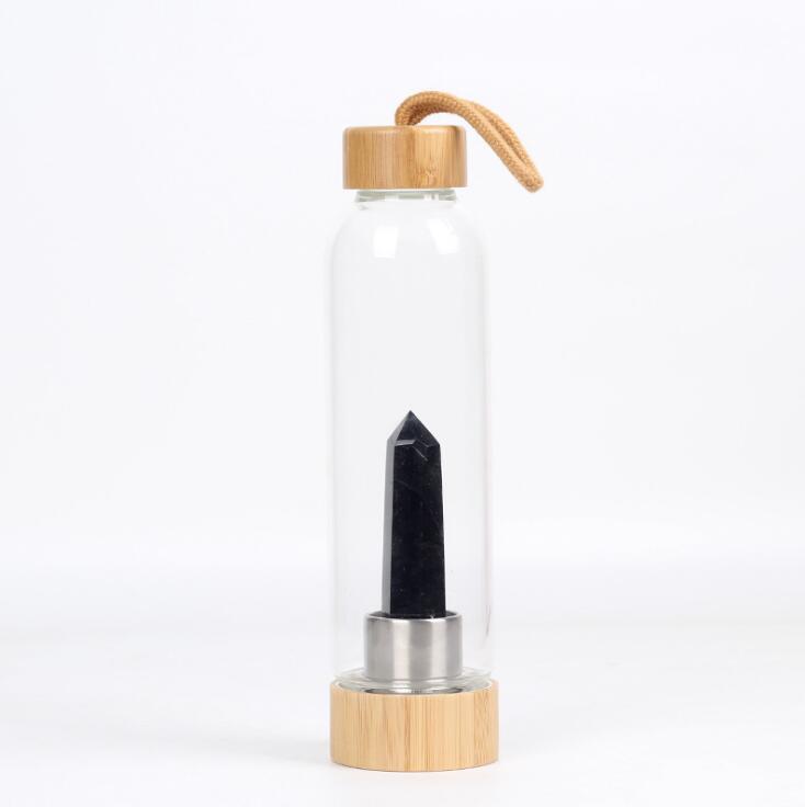 Gourde en verre avec cristal naturel et bouchon en bois