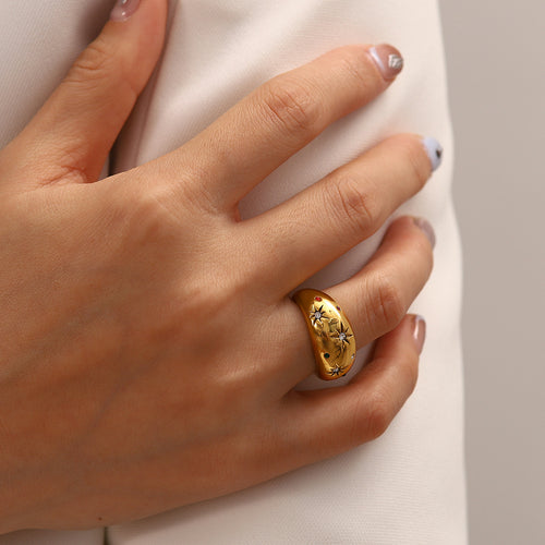 Bague hexagramme dorée en acier inoxydable et zircon | LSDJ