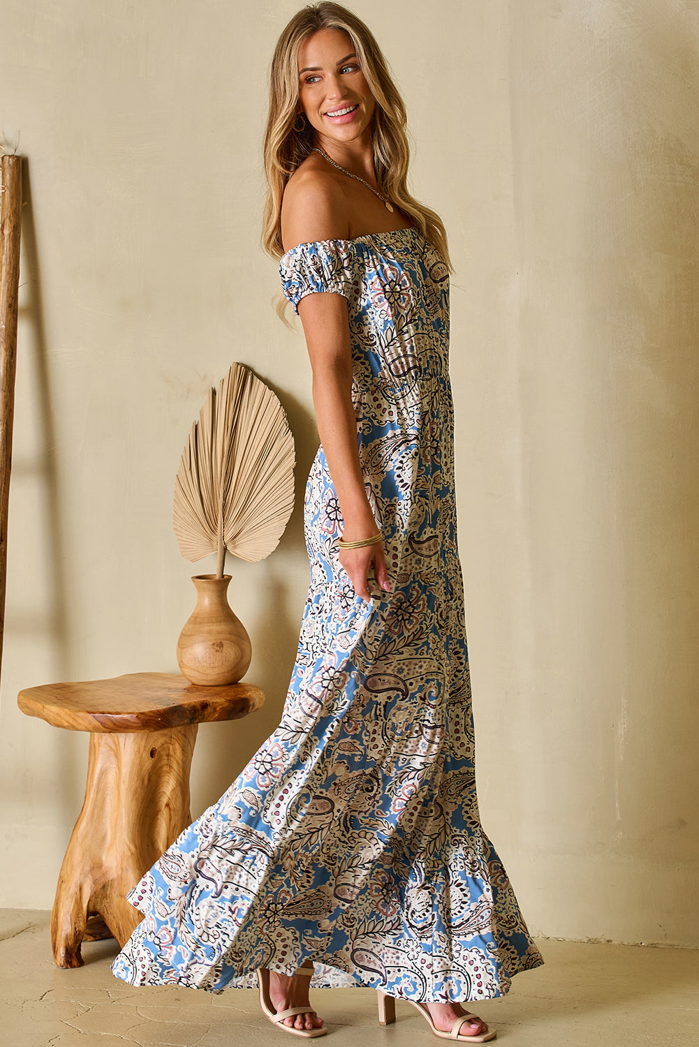 Robe longue bohème bleue à motif cachemire