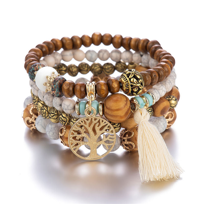 Bracelet bohème à perles en bois et cristal