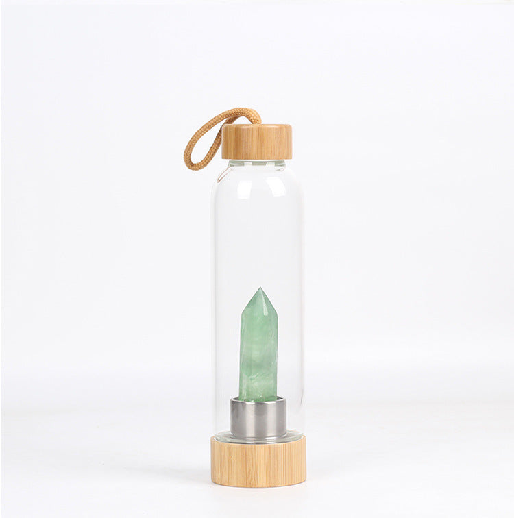 Gourde en verre avec cristal naturel et bouchon en bois