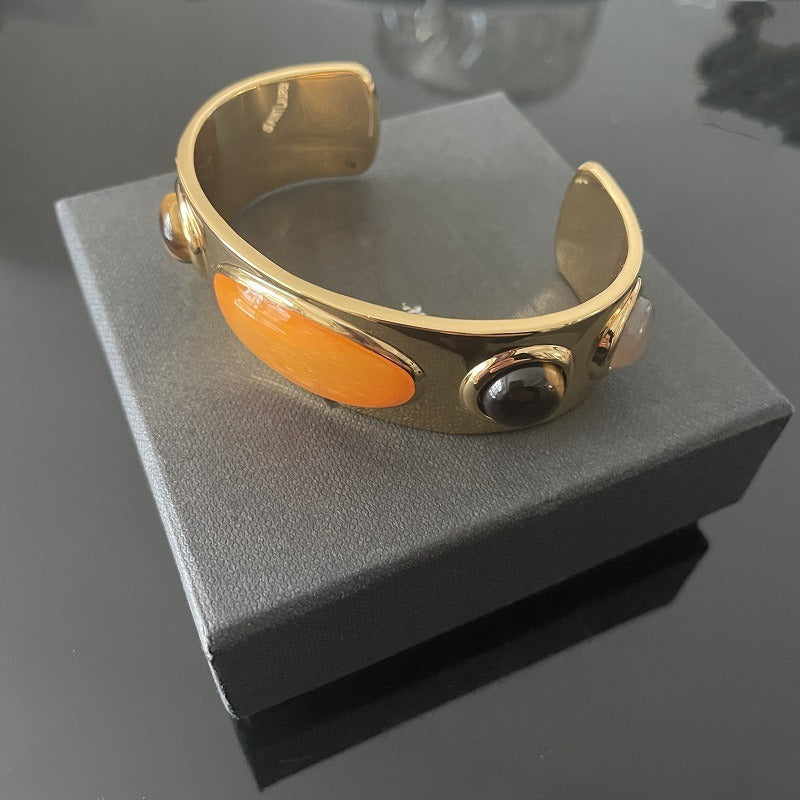 Bracelet ouvert doré en pierre bleue naturelle