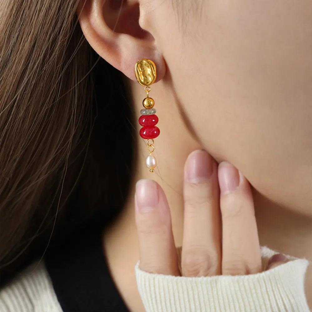 Boucles d’oreilles pendantes en pierre naturelle et perles d’eau douce