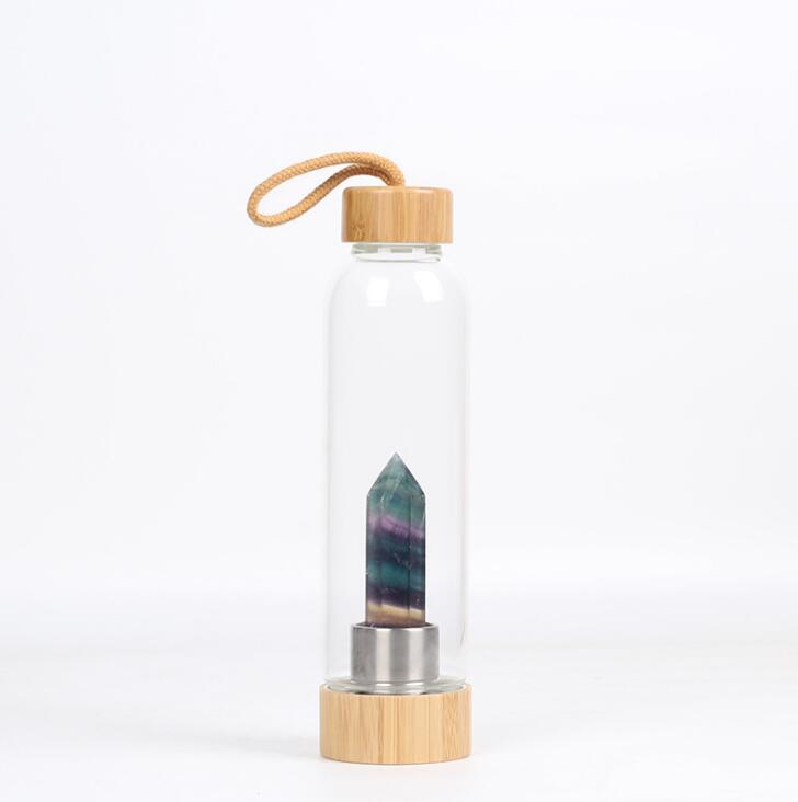Gourde en verre avec cristal naturel et bouchon en bois