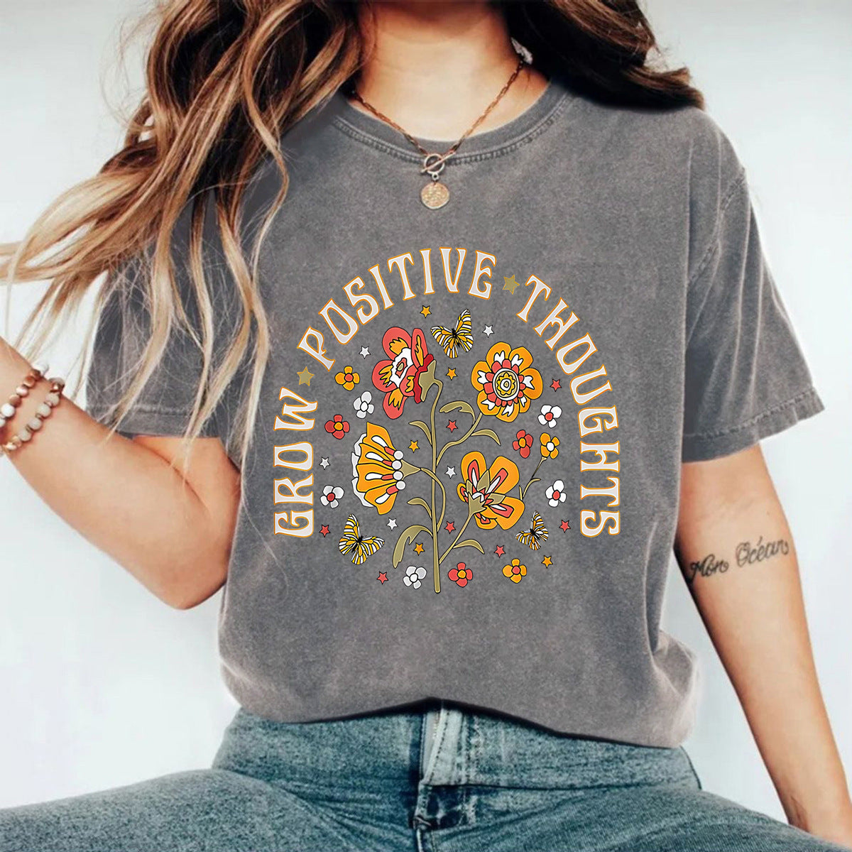 T-shirt délavé GROW POSITIVE