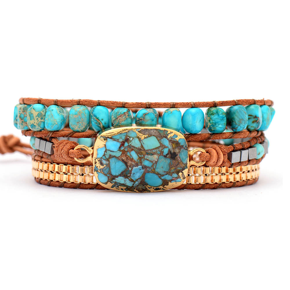 Bracelet bohème en pierre de l’empereur et cuir tressé