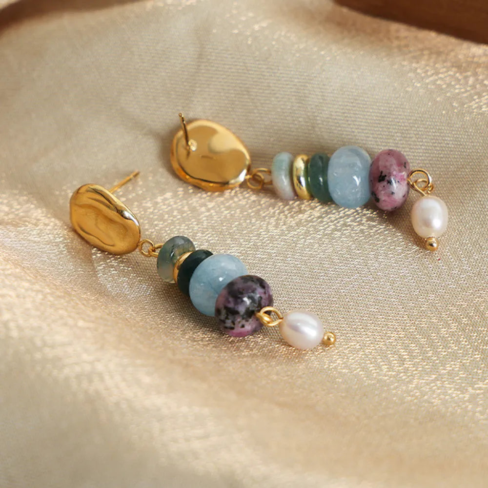 Boucles d’oreilles pendantes en pierre naturelle et perles d’eau douce