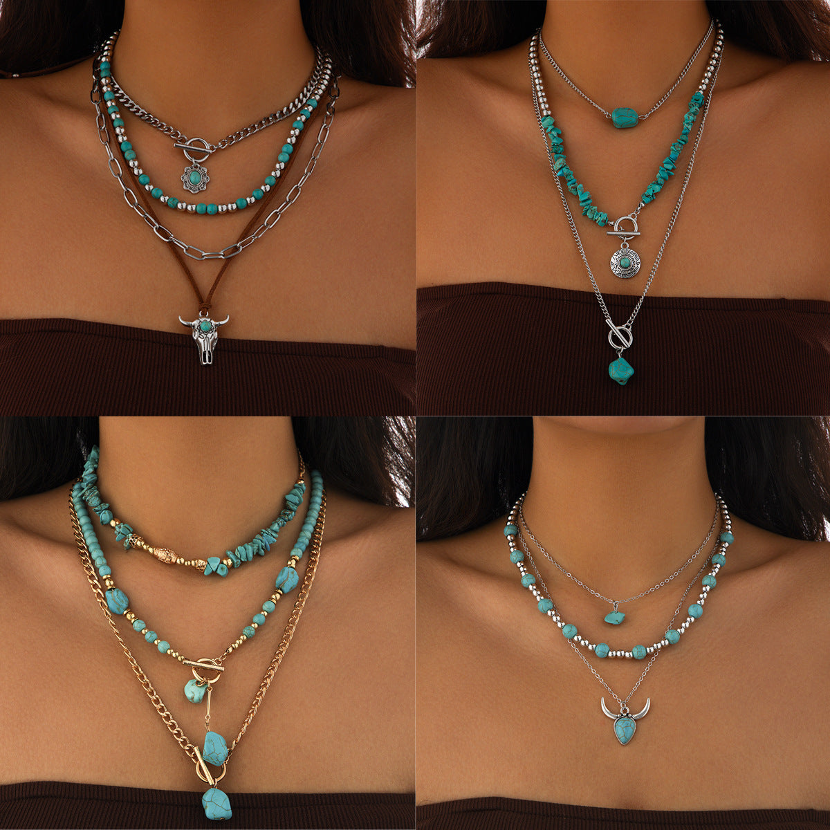 Collier bohème multirang turquoise