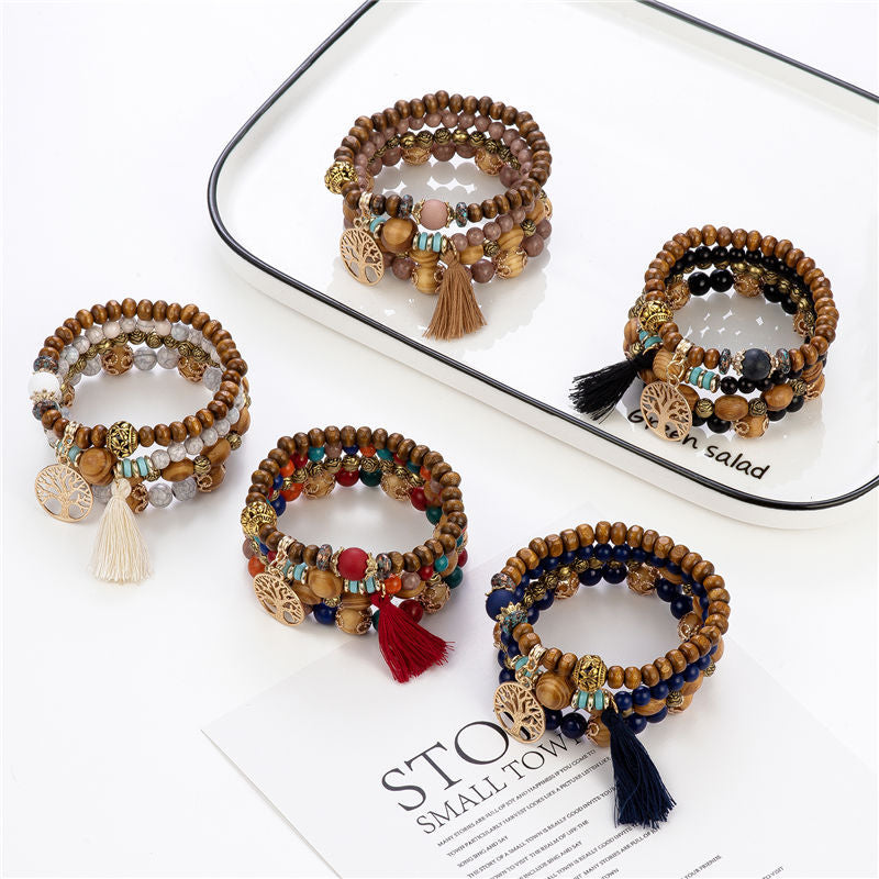 Bracelet bohème à perles en bois et cristal