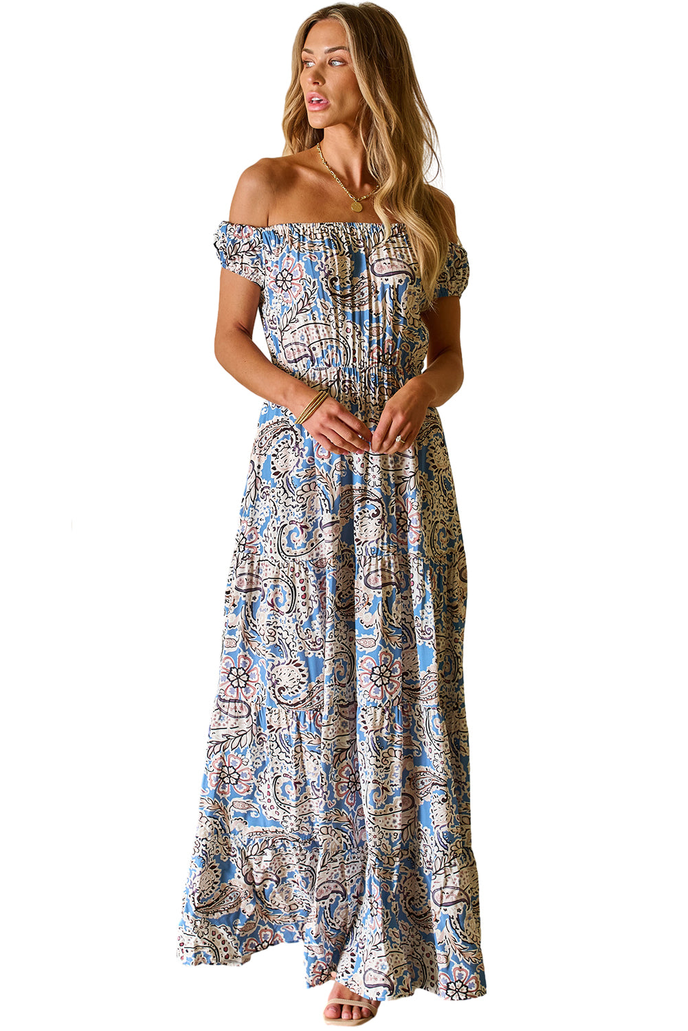 Robe longue bohème bleue à motif cachemire