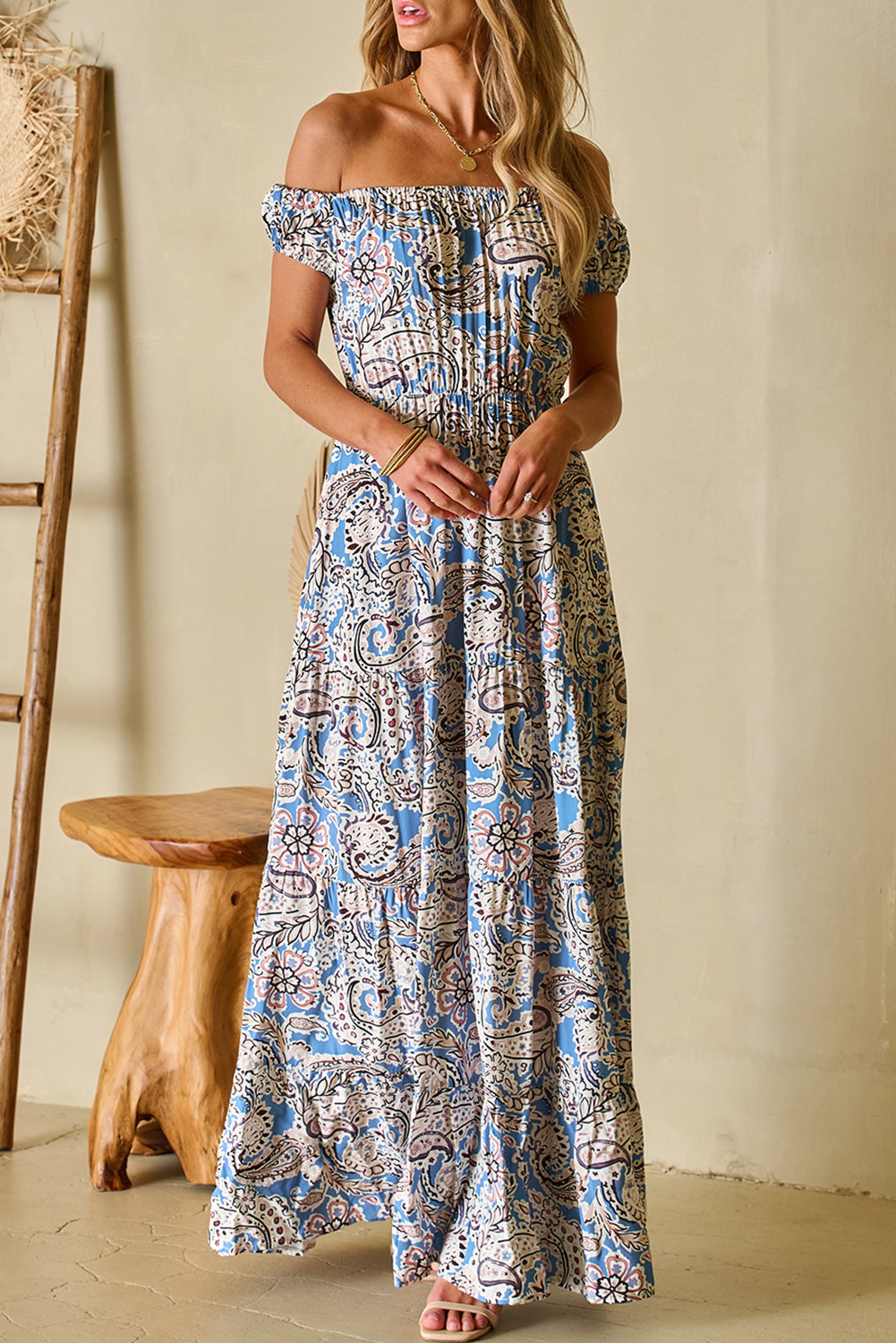 Robe longue bohème bleue à motif cachemire