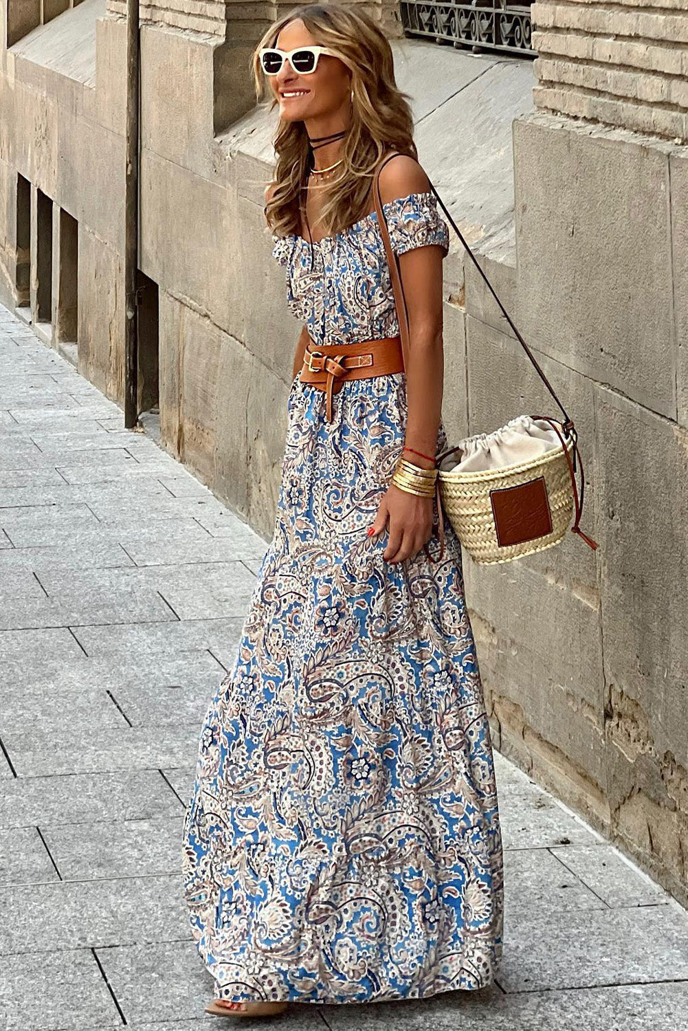 Robe longue bohème bleue à motif cachemire